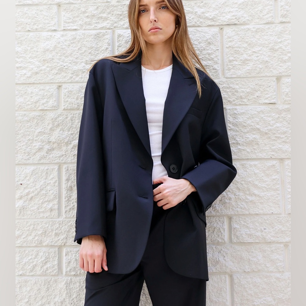 Tibi Tropical Wool Liam Blazer in Navy
